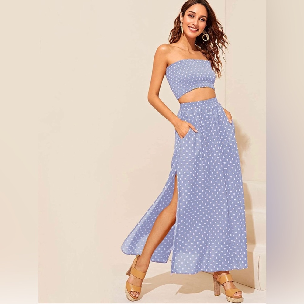 Tube Top and Split Long Skirt Set- Lavender with White Polka Dots- Size M